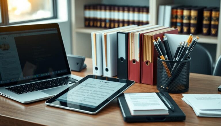 An organized desk with a laptop displaying legal software, surrounded by documents, a gavel, and scales of justice, symbolizing efficient software solutions for paralegals in a professional legal setting