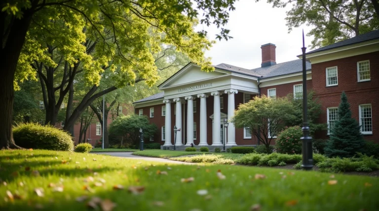 Serene Maryland campus with classic architecture and lush greenery, symbolizing academic focus and collaborative learning