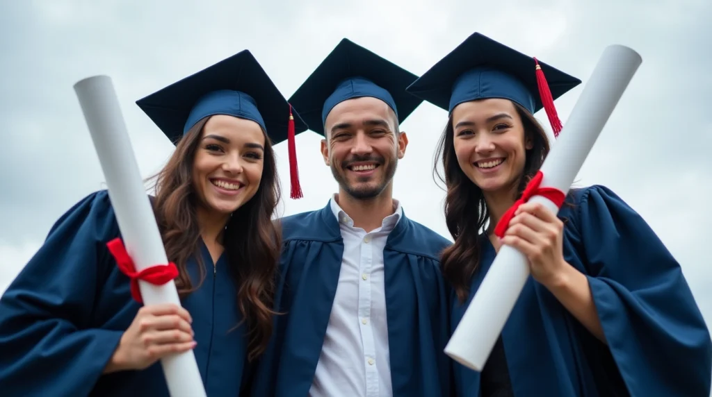 A group of three cheerful graduates in dark blue caps and gowns standing outdoors, celebrating their success in Paralegal Programs in Utah