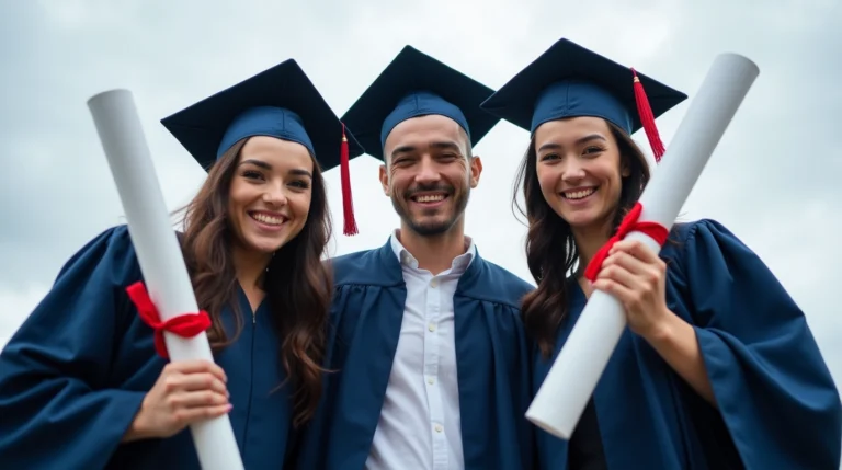 A group of three cheerful graduates in dark blue caps and gowns standing outdoors, celebrating their success in Paralegal Programs in Utah