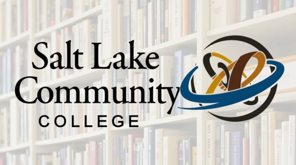 Students engaged in paralegal studies at Salt Lake Community College, collaborating over legal documents with shelves of law books and resources in the background, highlighting the ABA-approved program.