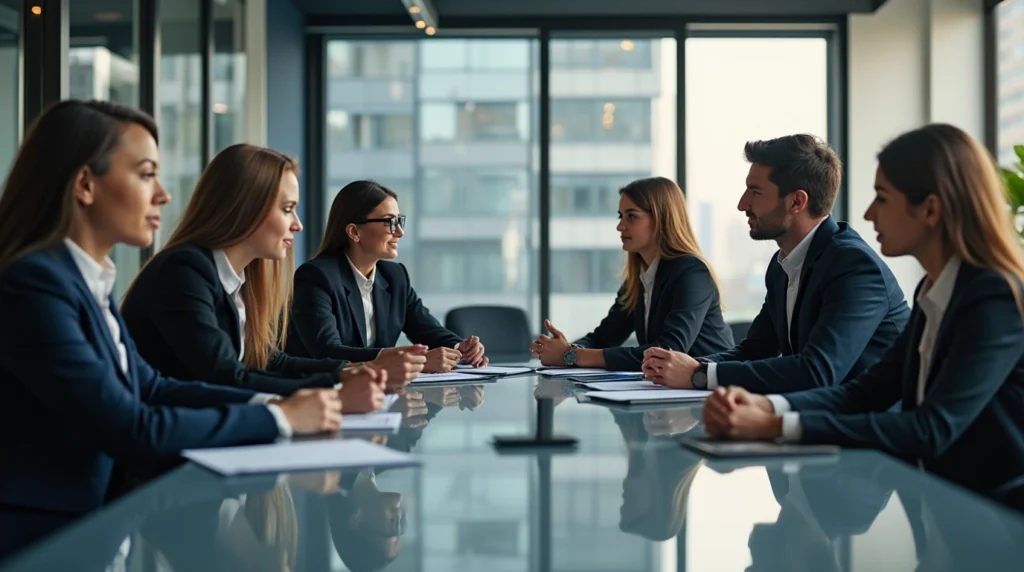 A diverse group of paralegals collaborate around a sleek conference table in a modern office. Law books, briefcases, and futuristic technology like tablets and holographic displays are visible, emphasizing teamwork and professionalism in a dynamic legal setting