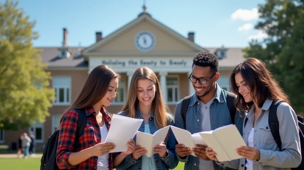 Diverse students reviewing admission brochures at the University of the District of Columbia