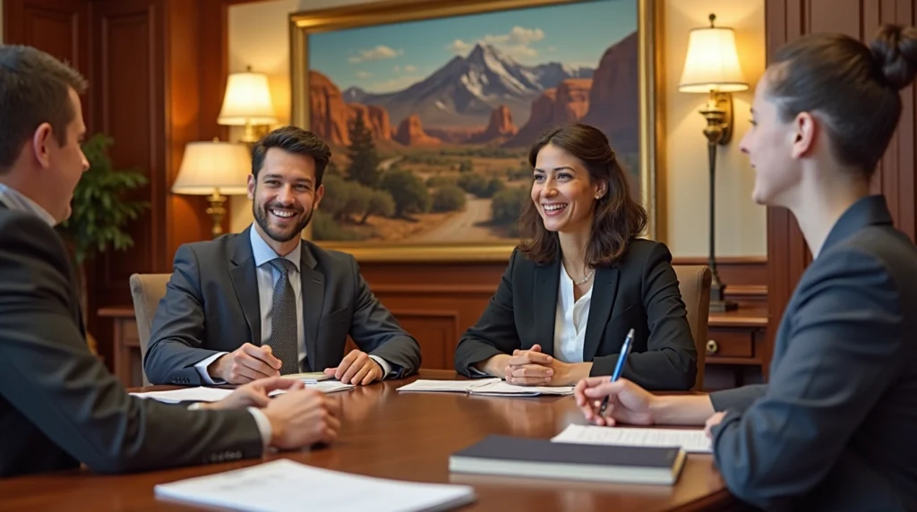 An elegant classroom at the University of Utah, with diverse students engaged in a paralegal certification course, surrounded by law books and legal documents, and a backdrop of Utah's iconic mountains and canyons.