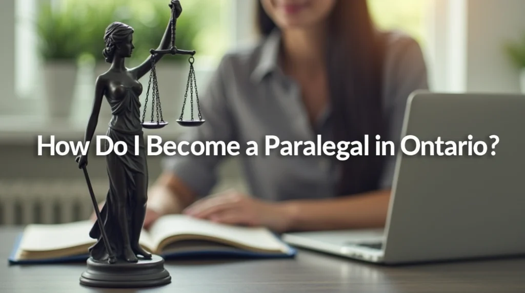 A laptop and an open book sit on a wooden desk in a softly lit legal office with a Lady Justice statue as a centerpiece, surrounded by greenery and a professional atmosphere, symbolizing the journey of becoming a paralegal in Ontario